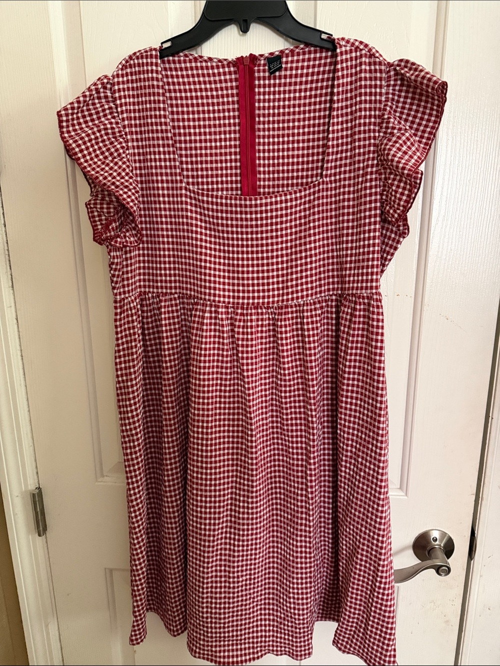 SHEIN Red and White Gingham Babydoll Midi Dress with Flutter Sleeves